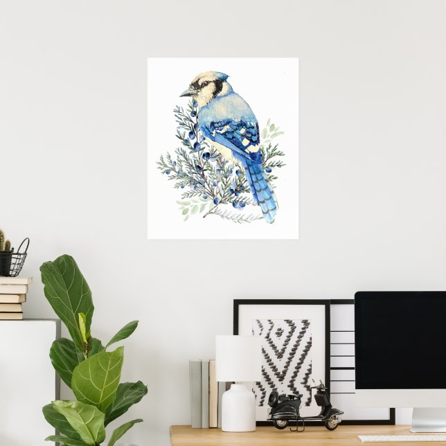 Poster Watercolor Blue Jay Bird Blueberries Country Art (Escritório em casa)