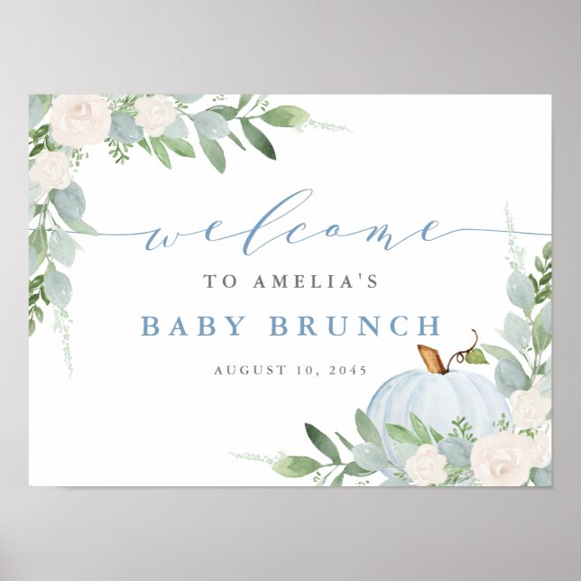Poster Watercolor Blue Pumpkin Fall Baby Brunch Welcome (Frente)