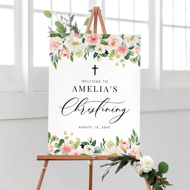 Poster Watercolor Blush Pink Floral Garland Christening (Watercolor White and Blush Pink Floral Garland Christening Welcome Sign)
