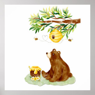 Poster Watercolor Brown Bear e Beehive Wall Art Décor