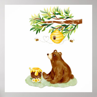 Poster Watercolor Brown Bear e Beehive Wall Art Décor