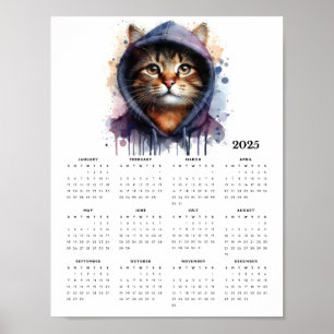 Poster Watercolor Cat in Hoodie Splash Calendar 2025