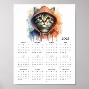 Poster Watercolor Cat in Hoodie Splash Calendar 2025