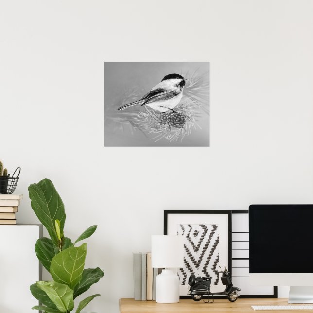 Poster Watercolor Chickadee Bird Pine Cone Nature Art (Escritório em casa)