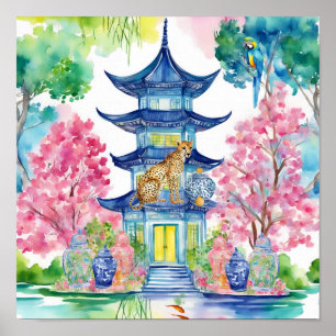 Poster Watercolor Chinoiserie Pagoda Cheetah Ginger Jar