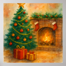 Poster Watercolor Christmas Tree & Cozy Fireplace Holiday