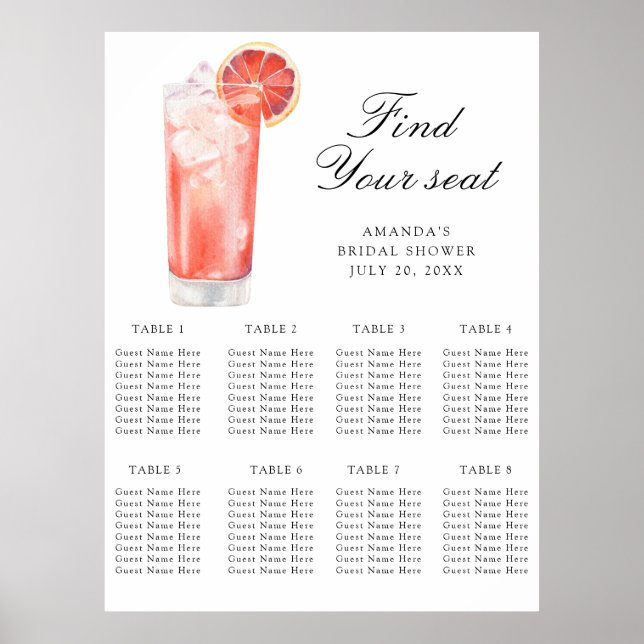 Poster Watercolor Citrus Cocktail Wedding seating chart (Frente)