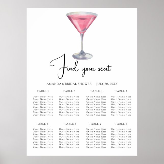 Poster Watercolor Cocktail Wedding seating chart (Frente)