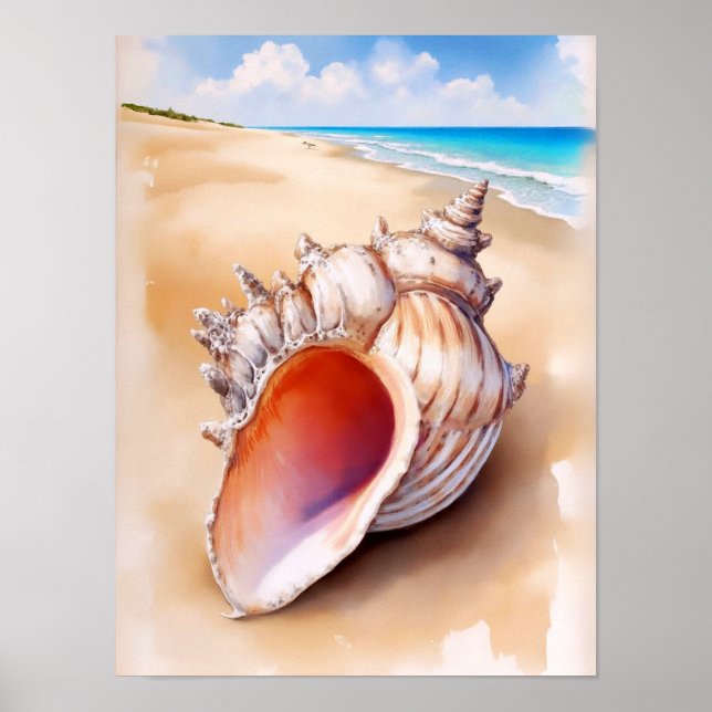 Poster Watercolor Conch Shell na Praia (Frente)