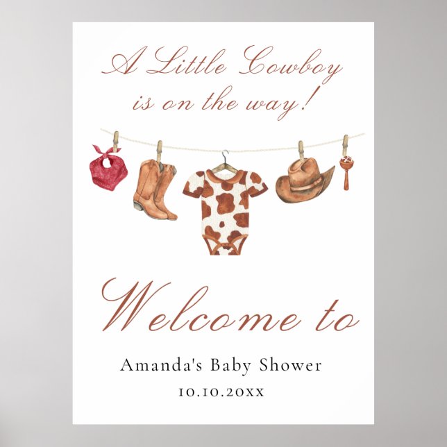 Poster Watercolor Cowboy Western Baby shower Welcome (Frente)