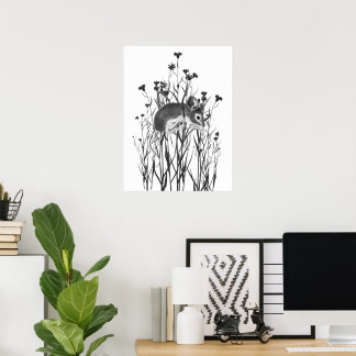 Poster Watercolor Cute Little Mouse Hanging in on Flowers