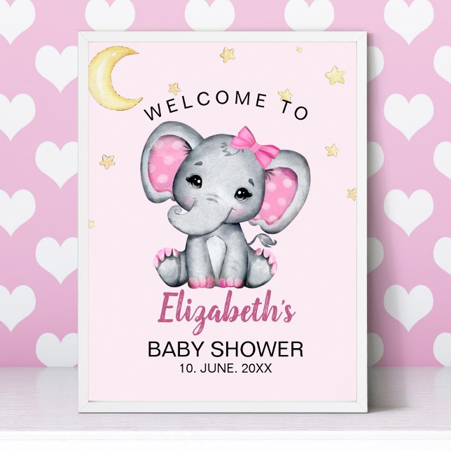 Poster Watercolor Elephant Baby Shower Girl Pink and Gray (Criador carregado)