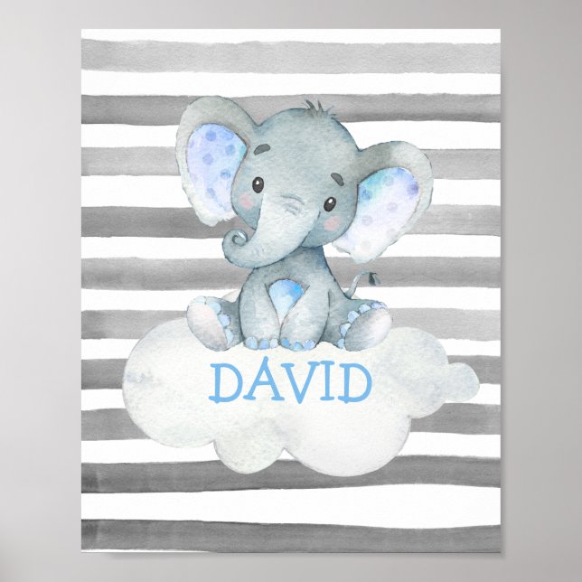 Poster Watercolor Elephant ZOO Jungle Cute Baby Name (Frente)