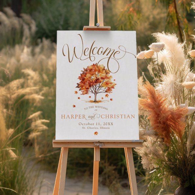 Poster Watercolor Fall Tree Calligraphy Wedding Welcome (Elegant burnt orange brown white Fall leaves tree Autumn wedding calligraphy welcome poster sign)