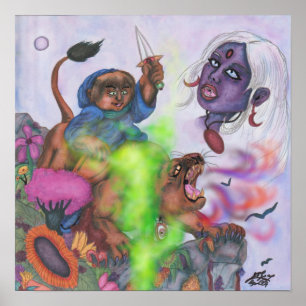 Poster Watercolor Fantasy Love Eros montando Lioness Lion