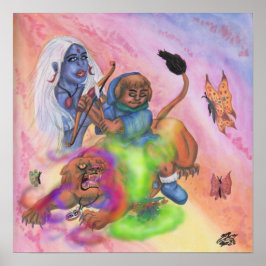 Poster Watercolor Fantasy Love Eros montando Lioness Lion