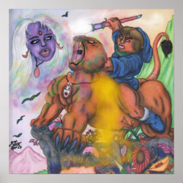 Poster Watercolor Fantasy Love Eros montando Lioness Lion