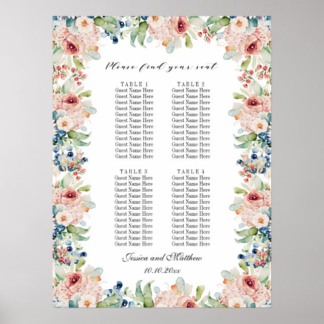 Poster Watercolor Floral 4 Mesas Casamento (Frente)