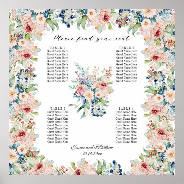 Poster Watercolor Floral 4 Mesas Casamento (Frente)