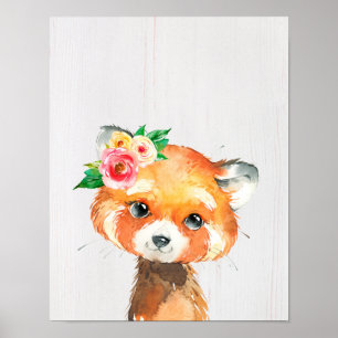 Poster Watercolor Floral Baby Red Panda