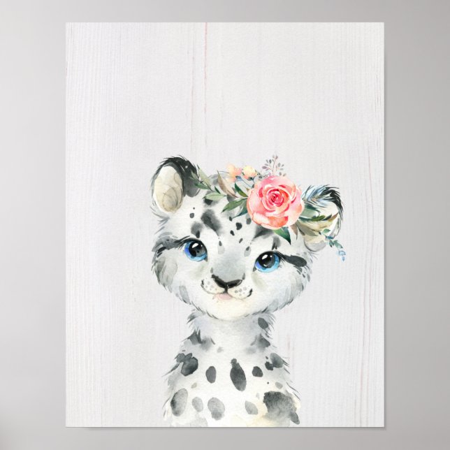 Poster Watercolor Floral Baby Snow Lepard (Frente)