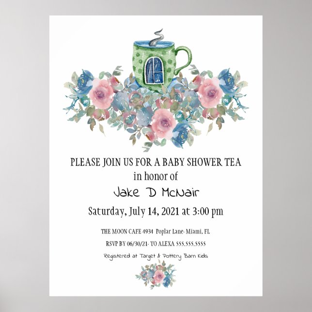 Poster Watercolor Floral Baby Tea Convite de festas (Frente)