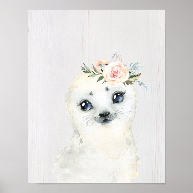 Poster Watercolor Floral Bebê Seal Neve Animais (Frente)