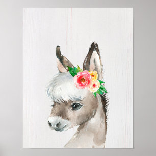 Poster Watercolor Floral Donkey Farmhouse Art