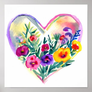 Poster Watercolor Floral Heart Wreath
