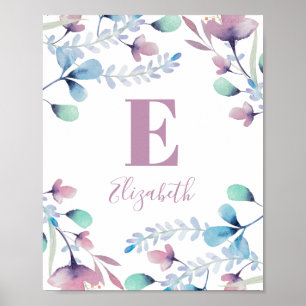 Poster Watercolor flowers monogram. Baby girl. Nursery