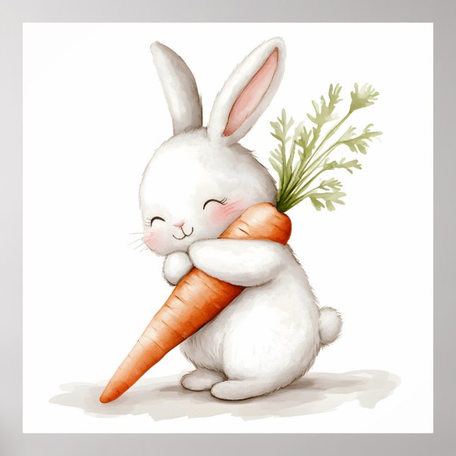 Poster Watercolor Fluffy Bunny Carrot Love (Frente)