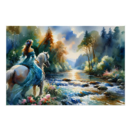 Póster Watercolor Forest River Horsewoman Dreamscape
