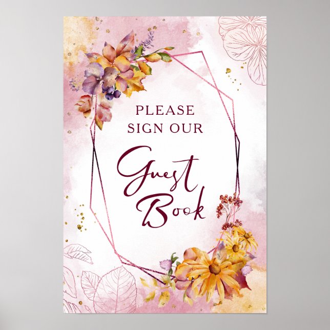 Poster Watercolor Geométrico Floral Fall Marsala Wedding (Frente)