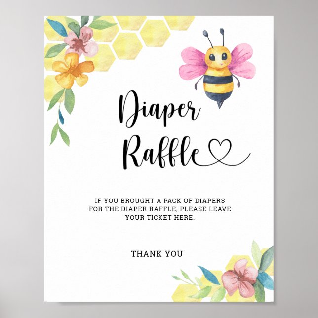 Poster Watercolor Girl Bumble Bee diaper raffle (Frente)