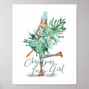 Poster Watercolor Girl Segurando Árvore De Natal Evergree