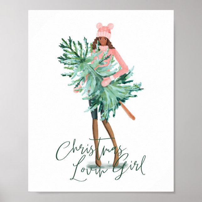 Poster Watercolor Girl Segurando Árvore De Natal Evergree (Frente)