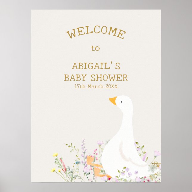 Poster Watercolor Goose Floral Baby Shower Welcome Sign (Frente)