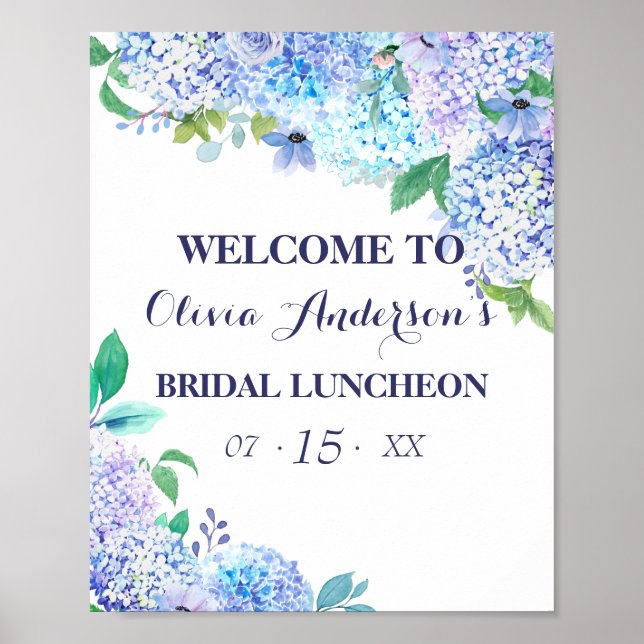 Poster Watercolor Greenery Blue Hydrangea Bridal Luncheon (Frente)