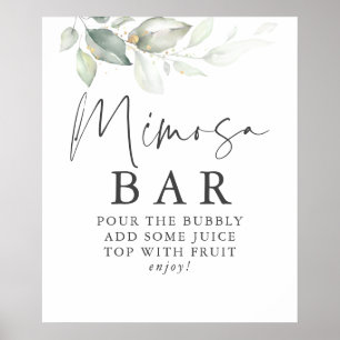 Poster Watercolor Greenery Gold Leaves Mimosa Bar Sign
