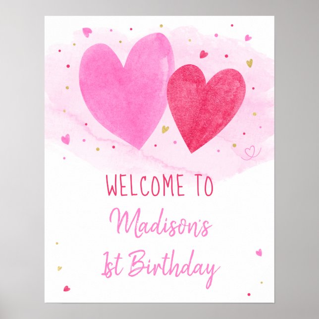 Poster Watercolor Hearts Birthday Welcome (Frente)