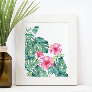 Poster Watercolor Hibiscus e Folhas de Monstera