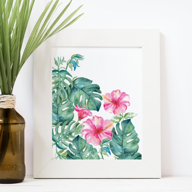 Poster Watercolor Hibiscus e Folhas de Monstera (Hibiscus flower and monstera palm leaves watercolor print by Victoria Grigaliunas of Do Tell A Belle)