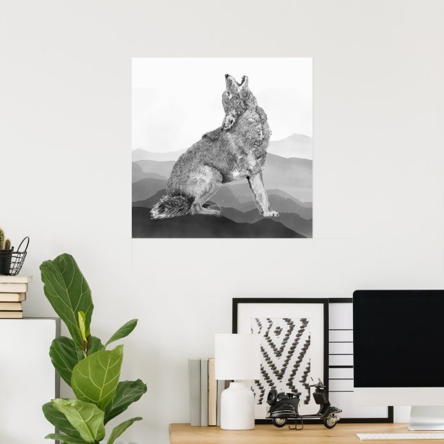 Poster Watercolor Howling Coyote Animal Art (Escritório em casa)