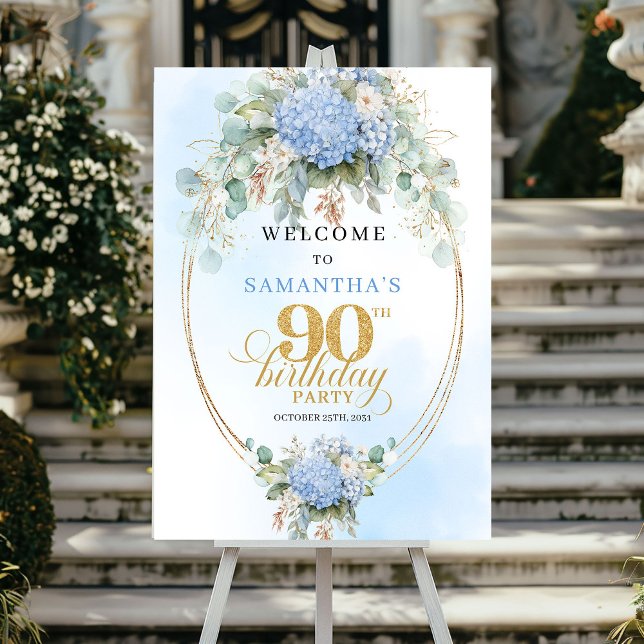 Poster Watercolor Hydrangea Greenery 90 birthday welcome (Watercolor Hydrangea Greenery 90th birthday welcome)