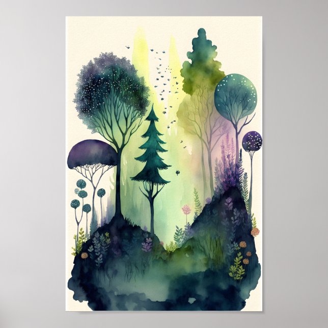 Poster Watercolor illustration of a fairy tale forest (Frente)