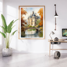 Poster Watercolor Ilustração de um Castelo Francês