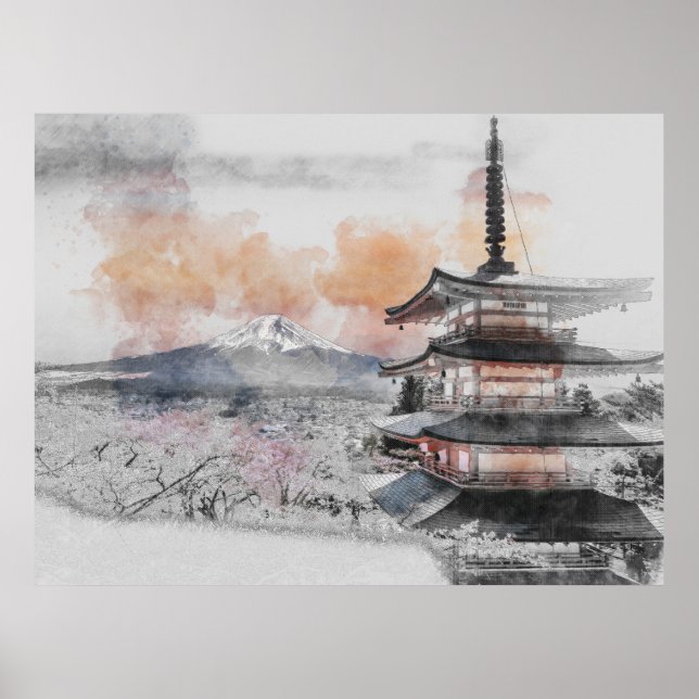 Poster Watercolor Japanese Pagoda & Mt. Fuji  (Frente)