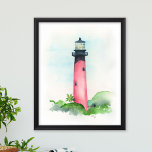 Poster Watercolor Júpiter Lighthouse Art<br><div class="desc">Perfeito para quartos, espaço de escritórios e áreas vivas na sua praia litorânea da Flórida, em Júpiter. Este poster apresenta uma reprodução da minha mão original pintada de aquarelaIlustração do Farol de Júpiter em tons de vermelho. Para ver mais arte de Victoria Grigaliunas do Do Tell A Belle, visite www.zazzle.com/dotellabelle...</div>