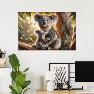 Poster Watercolor Koala e Baby Joey em uma pintura em árv