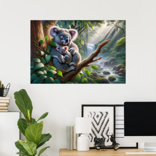 Poster Watercolor Koala e Baby Joey em uma pintura em árv